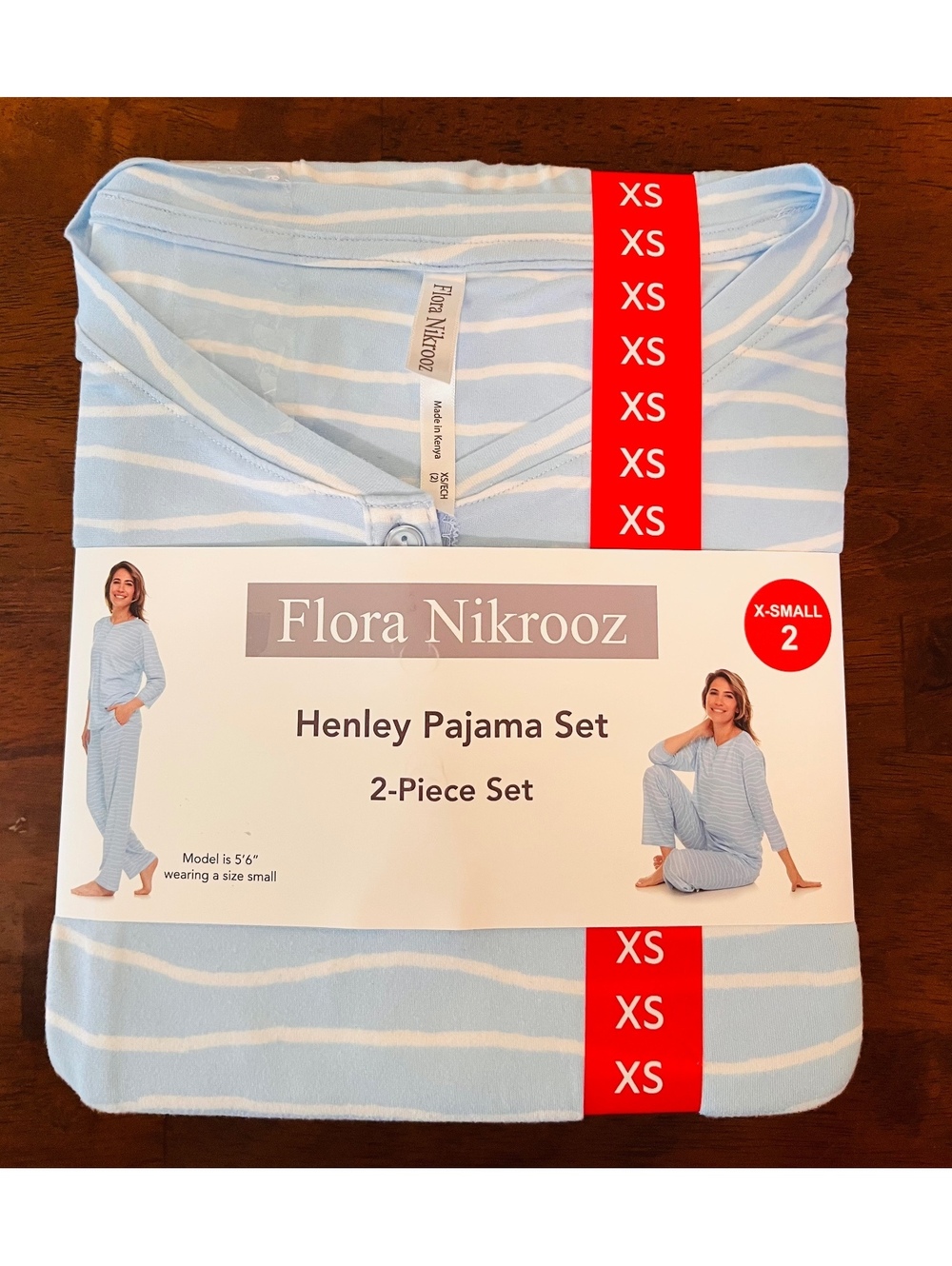 Flora Nikrooz Henley Pajama Set 2-Piece, Light Blue and White Striped, Size XS